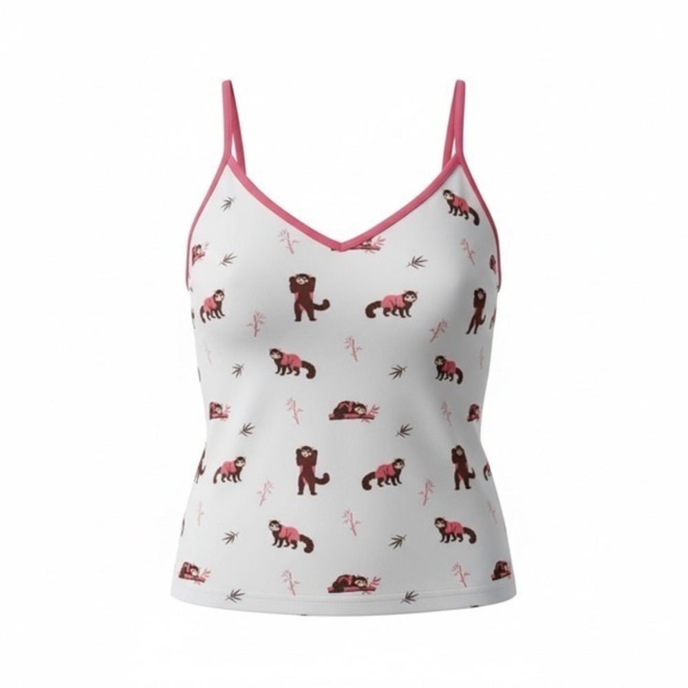 Red Panda Bamboo Print V-Neck Cami Spaghetti Strap Tank Top White Pink S/M